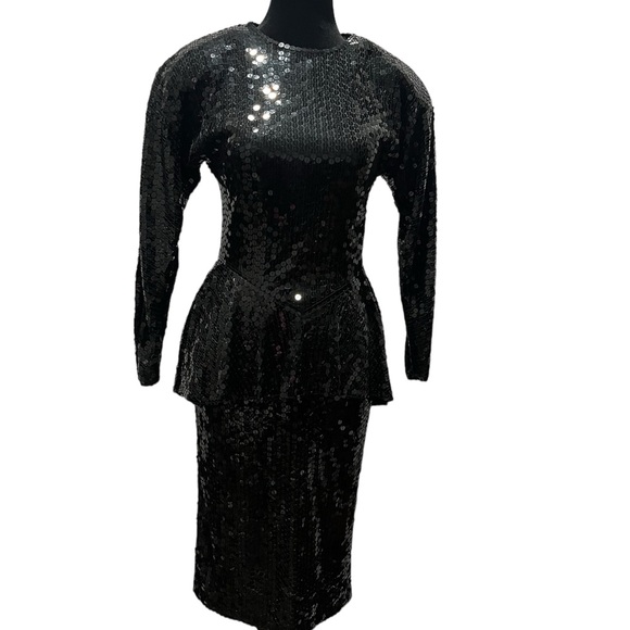 Black Sequin Long Sleeve Peplum Dress Vintage Oleg Cassini - Picture 5 of 13